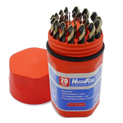 HSS Stepped Point Drill Bit Set, 29-Piece, 1/16 to 1/2 Inch, Gold and Black 3-Flat Shank, no pilot hole needed, red case