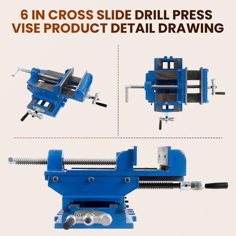 Beefy 6 Inch Cross Slide Drill Press Vise Workhorse Benchtop Clamp for Precision Milling and Drilling, side and front views