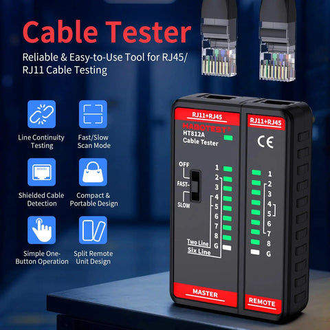 All In One Ethernet Cable Tester For LAN And Telephone Lines RJ45 RJ11 Cables From CAT5 Through CAT7 Quick Continuity Short Open Wire Miswire And Shield Status Detection Great For Home Repair And DIY Tech Pros, compact plastic master and remote units