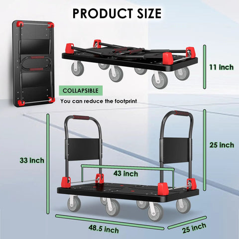 Heavy Duty 2200 Lb Platform Truck With Six Smooth Glide Wheels And Foldable Dual Handrails For Hauling Construction Tools And Warehouse Stock Without Breaking A Sweat dimensions and features.