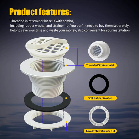 Two Pack Threaded Inlet Strainer Kit For Intex Filter Pumps With One And A Half Inch Hoses Includes Rubber Washer And Strainer Nut