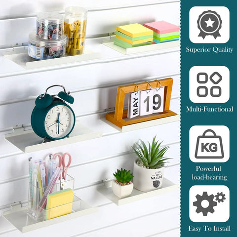 Heavy Duty Metal Slatwall Shelves Set White Ten By Four Point Three Inch Six Pack for Retail Shops Boutiques displaying items