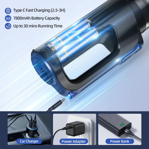 Cordless Car Vacuum And Air Duster 18000Pa Beast Mode Power Handheld Vacuum with 7800mAh battery and charging options.