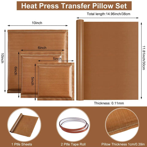 Three Size Heat Press Pillow Bundle With One Transfer Paper And Two Rolls Of Heat Resistant Tape For T Shirts Iron On And Screen Printing DIY Coffee Edition, showing three different pillow sizes and tape rolls.
