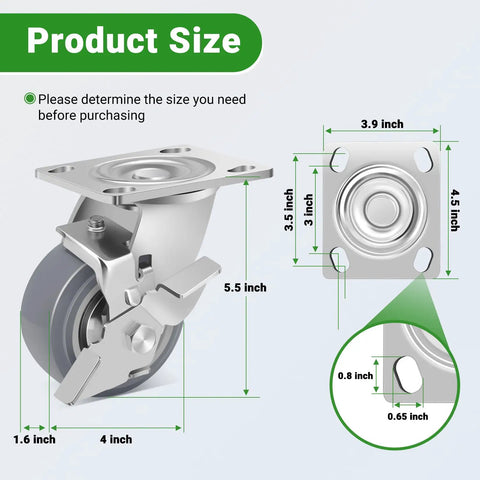 Dimensions of 4 Inch Heavy Duty Caster Wheels Legit Industrial Powerhouse Thermoplastic Rubber TPR Swivel Plate Castors.