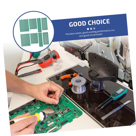 Person soldering on circuit board with Double Sided Breadboard Kit For Soldering Projects, Compact PCB Board visible in bubble overlay.