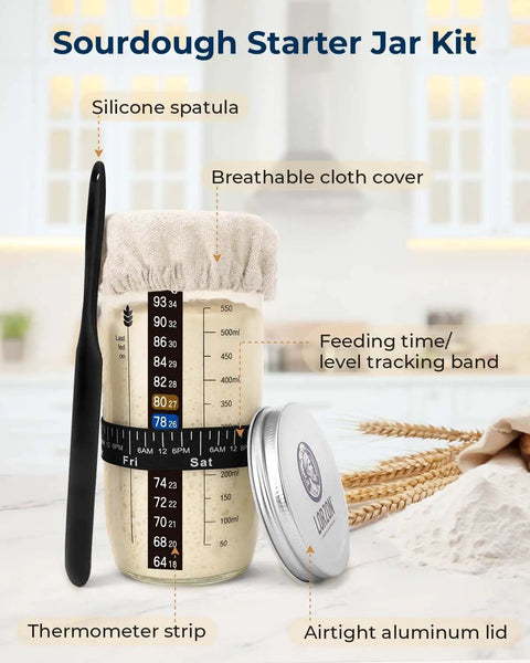 All-In-One Sourdough Starter Kit With Silicone Proofing Baskets And Jar showing jar with tracking band and spatula