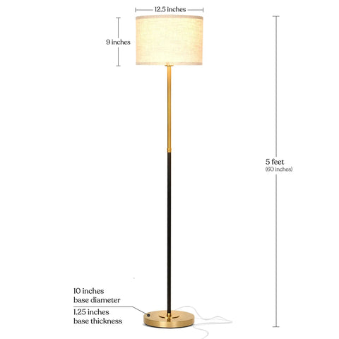 Emery LED Floor Lamp With Drum Shade, Tall Mid Century Standing Light for Bedroom Reading, shown with measurements and brass finish.