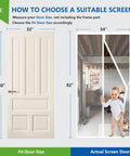 Diagram showing Magnetic Screen Door For 32x80 Inch Openings, 34x82 Inch Heavy Duty Mesh with child walking through screen.
