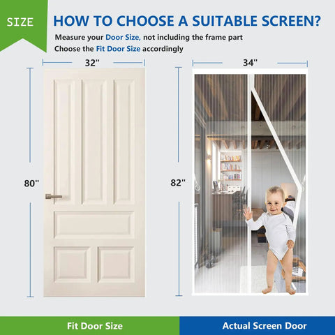 Diagram showing Magnetic Screen Door For 32x80 Inch Openings, 34x82 Inch Heavy Duty Mesh with child walking through screen.