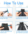 Instructional guide on using Eight Piece Quick Turn Fabric Tube Turner And That Purple Thang Sewing Tools Set with drawstring bag.