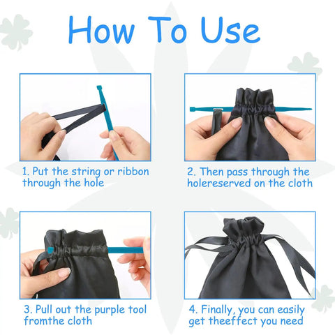 Instructional guide on using Eight Piece Quick Turn Fabric Tube Turner And That Purple Thang Sewing Tools Set with drawstring bag.