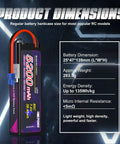 Two Pack 7.4V 5200mAh 80C LiPo Battery 2S With Hard Case, EC3 Connector, battery dimensions and energy data chart visible