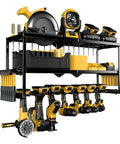 Heavy Duty Wall Mounted Power Tool Organizer for Garage and Workshop, metal storage rack holding various tools including drills and saws