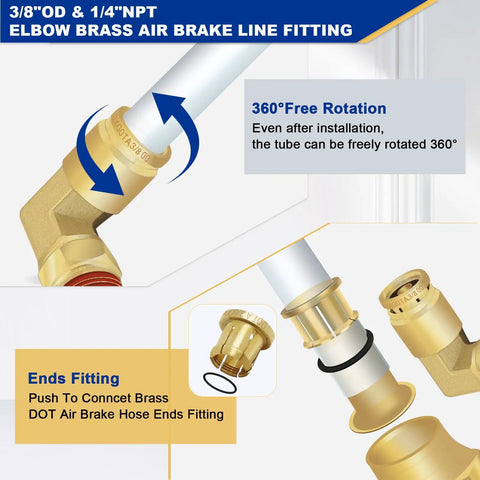 5 Pack Pro Grade Three Eighths Inch Brass Air Brake Line Push To Connect Fittings With Ninety Degree Elbow in demonstration