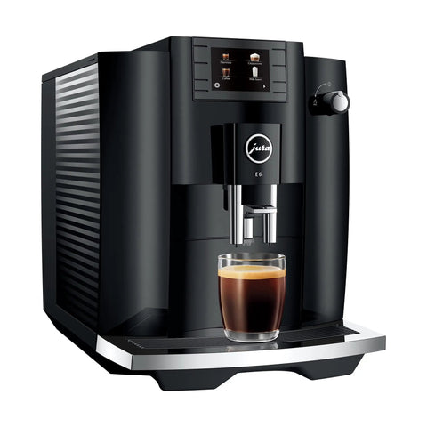 NoDrama Automatic Coffee Machine With OneTouch Espresso Brewing Milk Froth And Rapid SelfClean Design Programmable Strength Volume Controls For Smooth Daily Grinds In Piano Black with espresso shot in glass.
