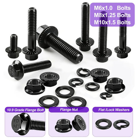 400 Piece Metric Flange Bolt Set With 10.9 Grade M6x1.0 M8x1.25 And M10x1.5 Bolts, black zinc plated hex bolts, nuts, washers