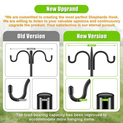 Comparison of old and new versions of Two Pack 92 Inch Heavy Duty Shepherds Hook Garden Pole Set with design and size differences shown.