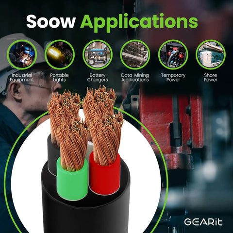 Close-up of 100 Ft SOOW Portable Power Cable Heavy Duty 14 AWG 4 Conductor 600V Rubber Cord for generators and industrial use.