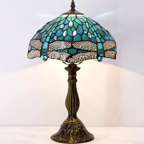 Tiffany Style Stained Glass Dragonfly Table Lamp With Green And Blue Shade, Antique Bronze Base, 12x12x18 Inches, S622 Series