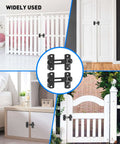 Two Pack Flip Latch Gate Latches For Barn Doors And Wood Fences, shown on white gates, cabinets, with matte black finish.