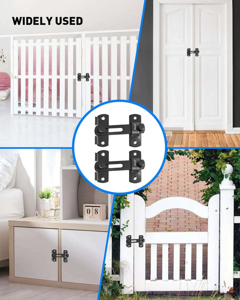 Two Pack Flip Latch Gate Latches For Barn Doors And Wood Fences, shown on white gates, cabinets, with matte black finish.