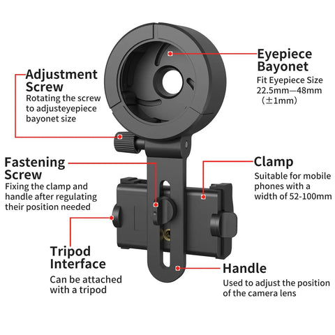 Diagram of Universal Phone Adapter For Binoculars Monoculars Scopes Telescopes And Microscopes with labeled features