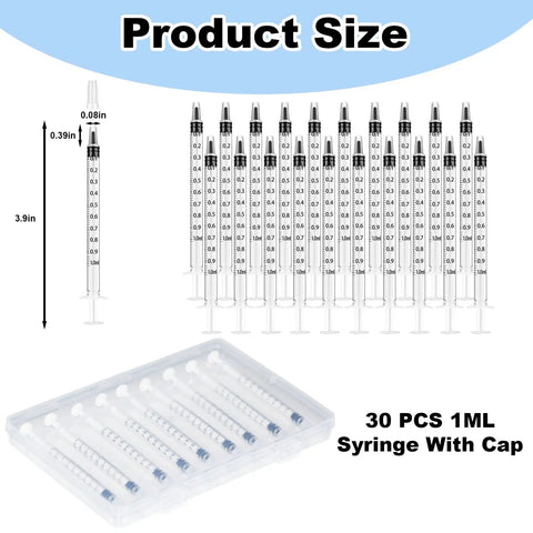 30 Pack 1ml Needleless Syringes With Cap For Liquids Pet Feeding Oil Glue DIY Projects Non Sterile Easy Push Plunger