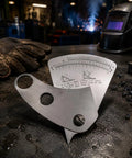Stainless Steel Weld Gauge With Inch Scale For Fabrication And Weld Setup Rust Resistant Workshop Tool For Welders Metalworkers Factories And Industrial Jobs on a workshop table.