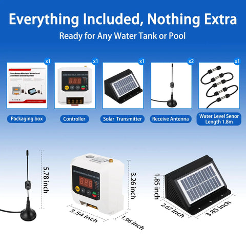 Long-Range Wireless Automatic Water Level Controller for Tank, Well and Cistern, Solar-Powered Digital Display Sensor, Auto Fill and Pump Dry-Run Prevention, 3Km Range, Smart Water Management components setup