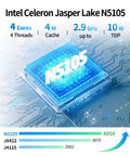 Image of Intel Celeron Jasper Lake N5105 processor showcasing 4 cores and 2.9 GHz speed for use in devices like Beast Mode Fanless Firewall Appliance Mini Computer Powered By Intel N5105 With Quad 2.5 Gigabit Ethernet Ports For Opnsense Gateways Home Networks Or Small Server Rigs Smooth Performance.