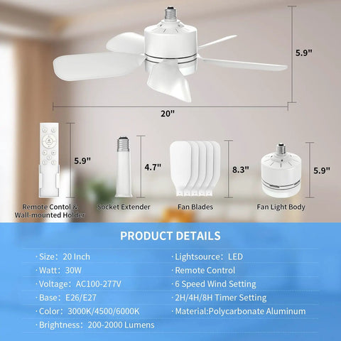 20 Inch Ceiling Fan With Light Socket Remote Plug And Play 30W 2000 Lumens Three Color Temperatures 3000K To 6000K Six Speed Wind Screw In Ceiling Fan For Bedroom Living Room Kitchen Garage with remote control and accessories