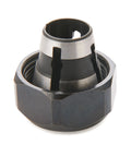 Close-up of half inch router collet replacement for half inch shank bits with auto release design to prevent bit sticking and runout.