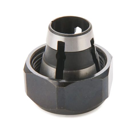 Close-up of half inch router collet replacement for half inch shank bits with auto release design to prevent bit sticking and runout.