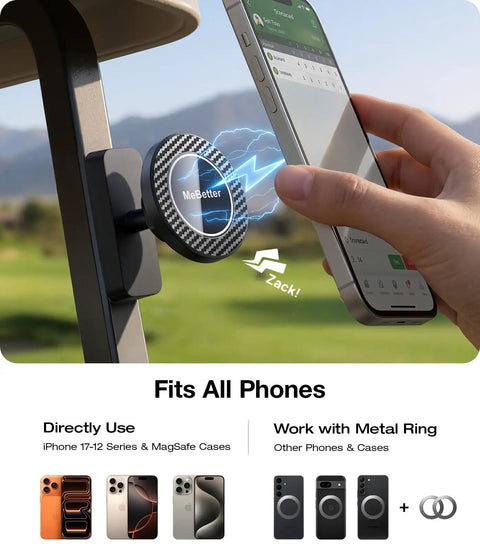 Magnetic Golf Cart Phone Holder With 28 Strong Magnets, Military-Grade Durability, installed on golf cart holding smartphone.