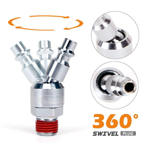 360 degree swivel plug from 22 Piece Air Compressor Accessory Kit With 25 Foot Recoil Poly Hose, Quarter Inch NPT Quick Connect Fittings