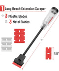 Long Reach Extension Scraper with 11 inch handle and double edged blades for glass paint and tile removal, includes plastic and metal blades