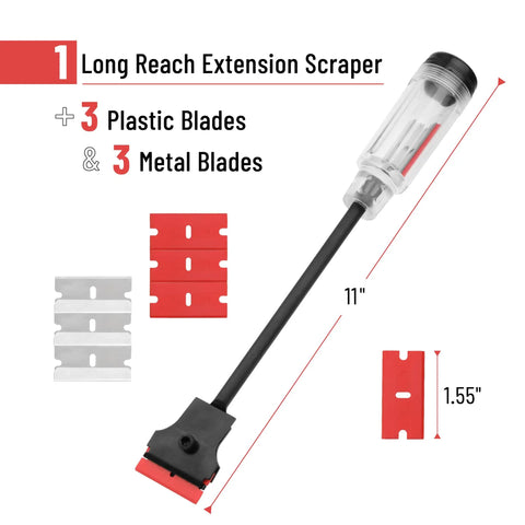 Long Reach Extension Scraper with 11 inch handle and double edged blades for glass paint and tile removal, includes plastic and metal blades