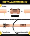 Installation demo of 50 Pack 1 Inch X 1 Inch Copper Press Union Coupling showing pipe cutting, pressing with tool, and completed connection.