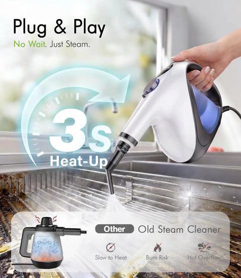 Handheld Steam Cleaner Instant Heat Up 3 Seconds For Homes cleaning a kitchen surface, showcasing quick 3 second heating.