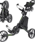 All Terrain 3 Wheel Golf Push Cart With Foldable Design, Phone Cup Umbrella Holder, Quick Fold Caddy in use and folded view