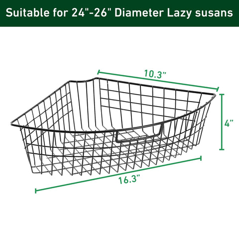 Black metal wire kitchen organizer basket for 24-inch lazy susan turntable; 16.3 in L x 10.3 in W x 4 in H