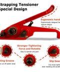 Heavy Duty Poly Strapping Tensioner With Cutter For One Half To Three Quarters Inch PET And PP Straps, Manual Hand Tool, Red