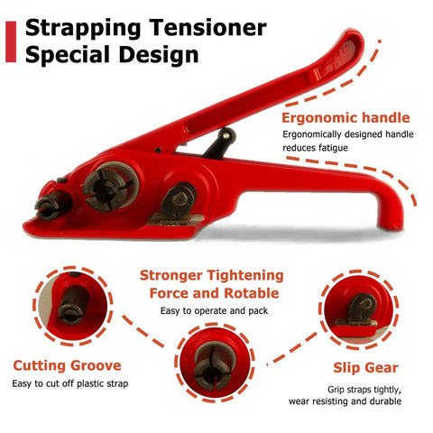 Heavy Duty Poly Strapping Tensioner With Cutter For One Half To Three Quarters Inch PET And PP Straps, Manual Hand Tool, Red