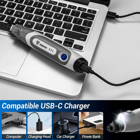 Snag This Hassle Free Mini Cordless Rotary Tool With Variable Speed And Type C Charging Includes A Complete Seventy Accessory Kit For Sanding Engraving Polishing Drilling Cutting Diy charging via a USB-C cable. 