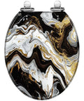 Marble Vein Round Resin Toilet Seat for Bathroom with a glossy black, white, and gold pattern, 14.5" x 16.5", top view.