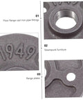 Four Pack Built Tough Malleable Iron Floor Flanges For Vintage Industrial Pipe Shelf Brackets Heavy Duty Cast Iron Fittings For Home Office And Garage Use Durable Easy Mounting Hardware; close-up of iron 1949 markings and threaded pipe fitting.