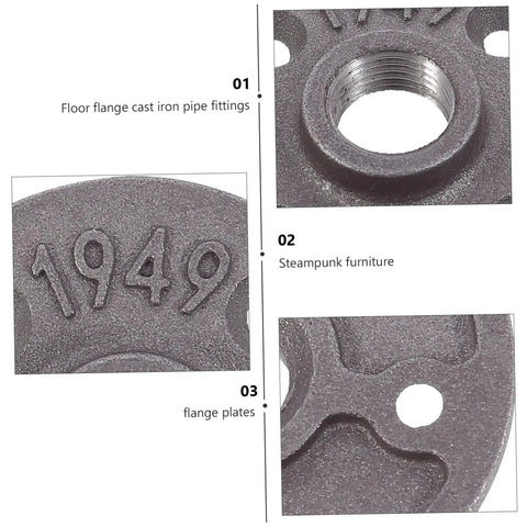 Four Pack Built Tough Malleable Iron Floor Flanges For Vintage Industrial Pipe Shelf Brackets Heavy Duty Cast Iron Fittings For Home Office And Garage Use Durable Easy Mounting Hardware; close-up of iron 1949 markings and threaded pipe fitting.