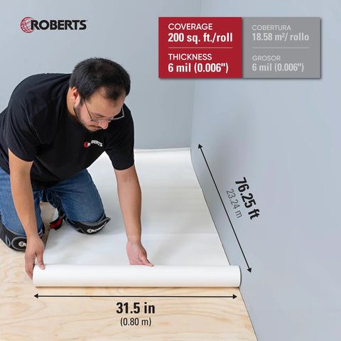 Person installing Pro Grade Moisture Barrier Underlayment For Solid And Engineered Wood Floors And LVP, 6 Mil, 31.5 In By 76.25 Ft Roll, 200 Sq Ft Coverage