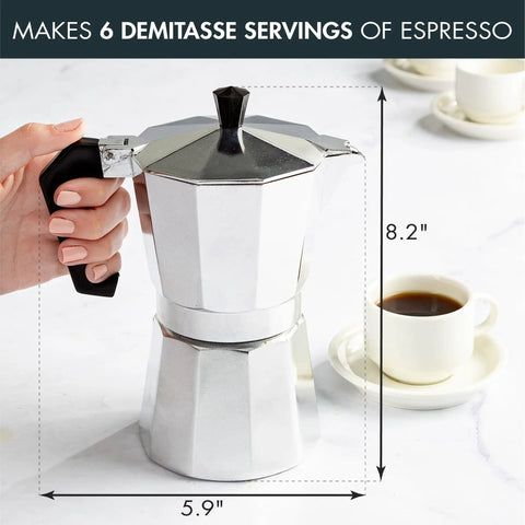Stovetop Moka Pot Espresso Maker For Home Brew 6 Cup Greca Style Coffee Pot For Italian And Cuban Cafe in silver on a table